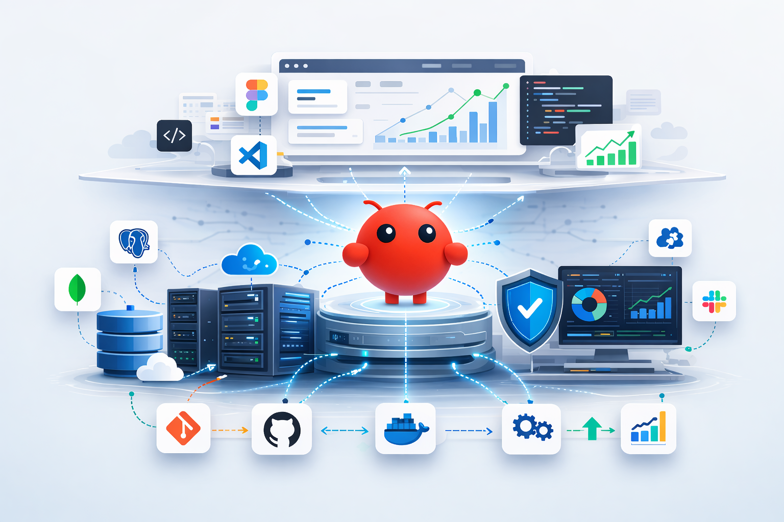 OpenClaw connecting AI development tools, code repositories, testing environments, and analytics dashboards in a structured workflow.